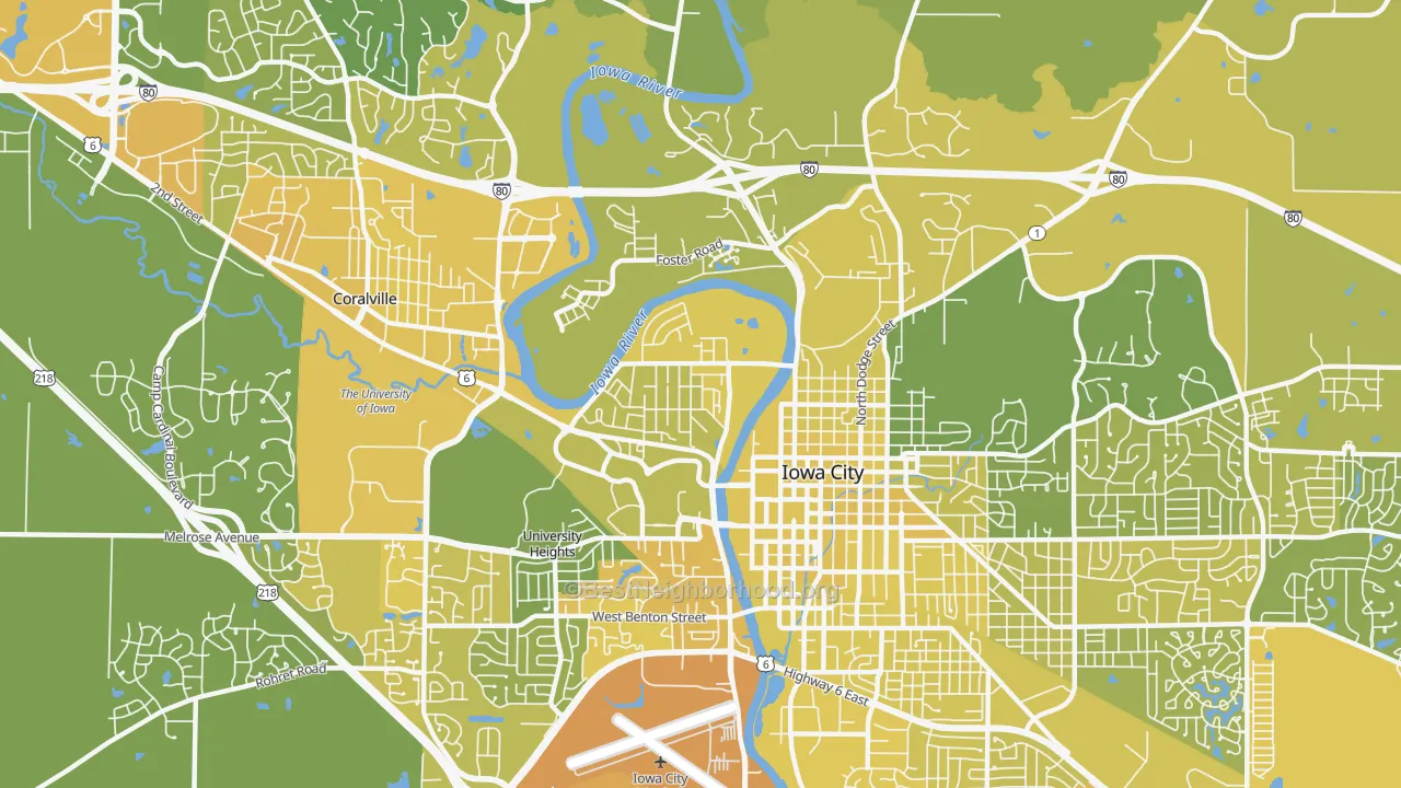 Map of the best neighborhoods in the Mann, Iowa City area, with better matches in green and worse matches in red