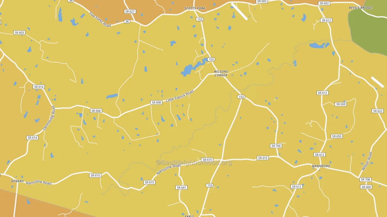 Map of the best neighborhoods in the Mannboro area, with better matches in green and worse matches in red