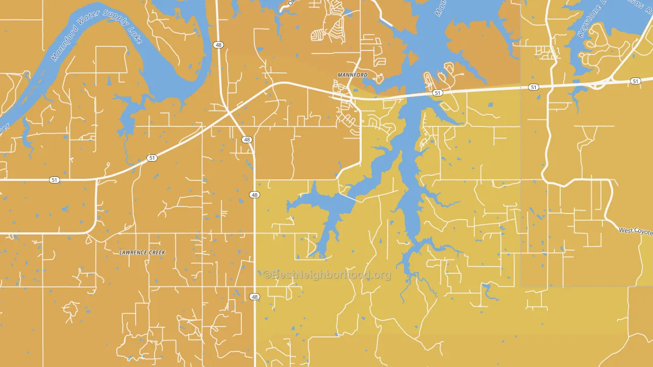 Map of the best neighborhoods in the Mannford area, with better matches in green and worse matches in red