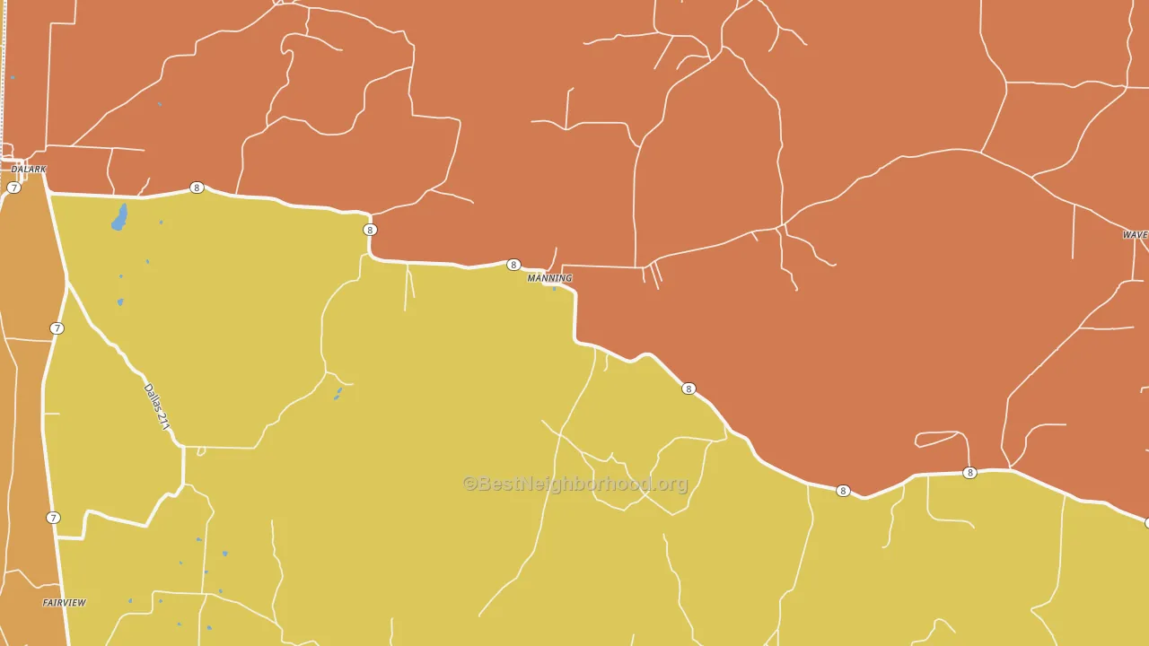Map of the best neighborhoods in the Manning area, with better matches in green and worse matches in red