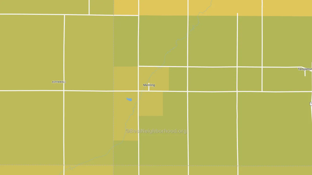 Map of the best neighborhoods in the Manning area, with better matches in green and worse matches in red