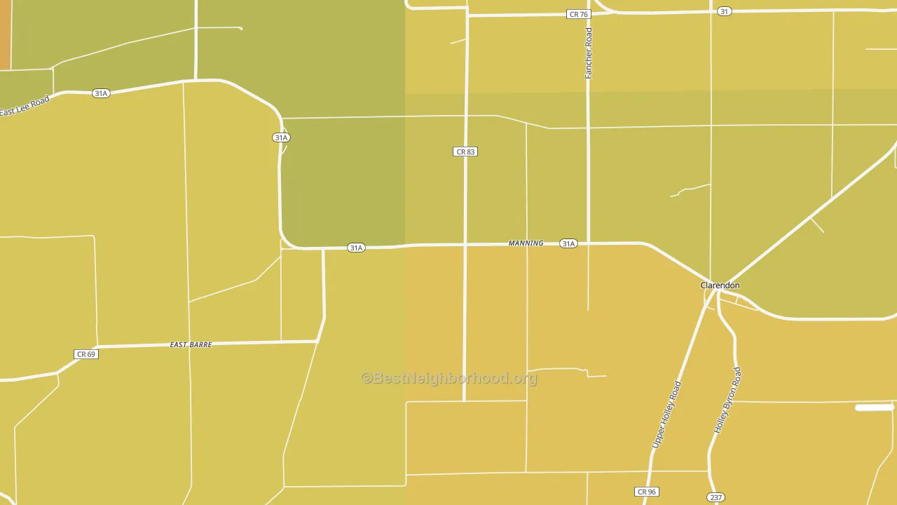 Map of the best neighborhoods in the Manning area, with better matches in green and worse matches in red