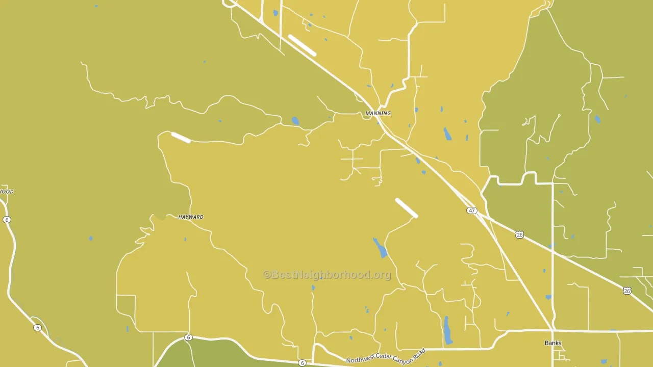 Map of the best neighborhoods in the Manning area, with better matches in green and worse matches in red