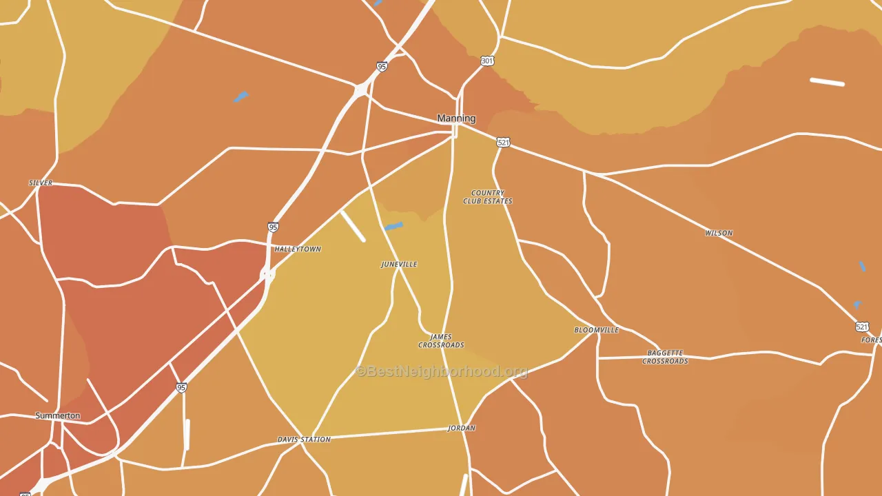 Map of the best neighborhoods in the Manning area, with better matches in green and worse matches in red