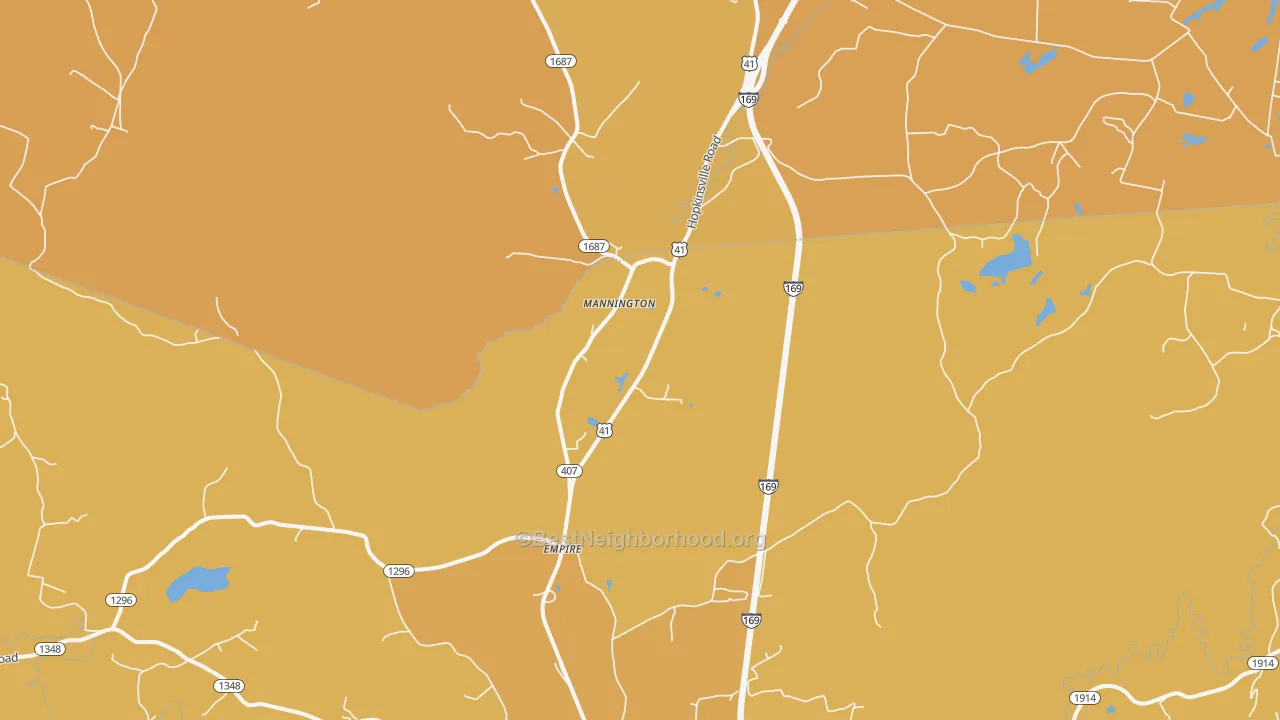 Map of the best neighborhoods in the Mannington area, with better matches in green and worse matches in red