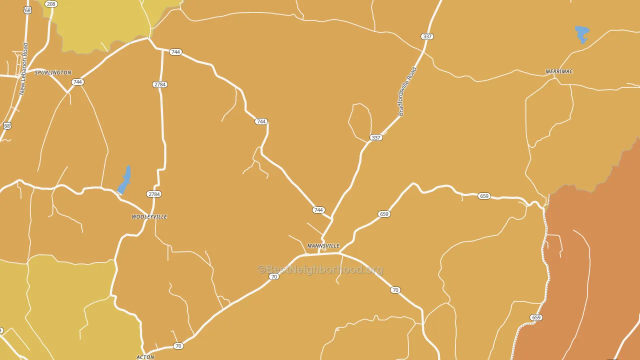 Map of the best neighborhoods in the Mannsville area, with better matches in green and worse matches in red