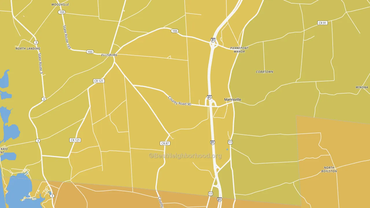 Map of the best neighborhoods in the Mannsville area, with better matches in green and worse matches in red