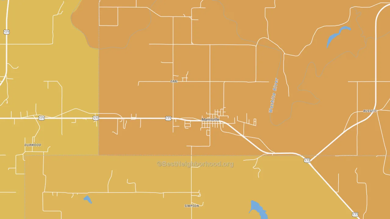 Map of the best neighborhoods in the Mannsville area, with better matches in green and worse matches in red