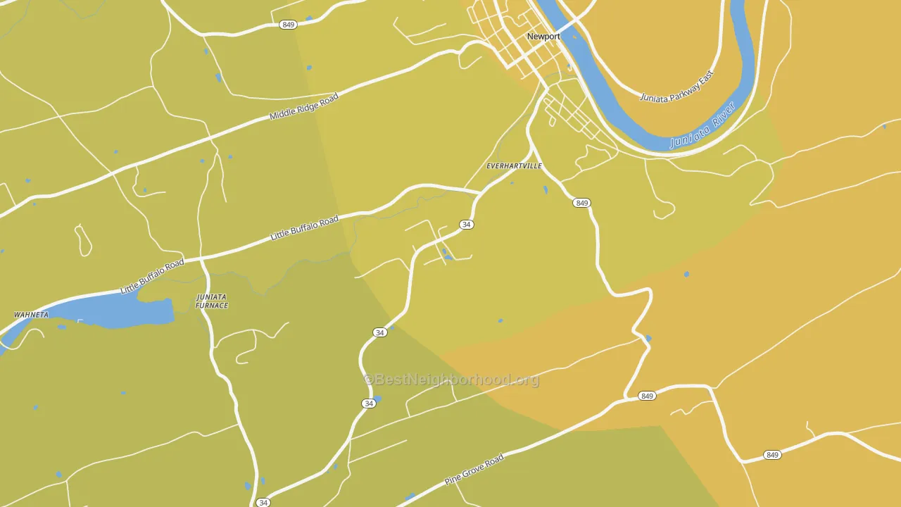Map of the best neighborhoods in the Mannsville area, with better matches in green and worse matches in red