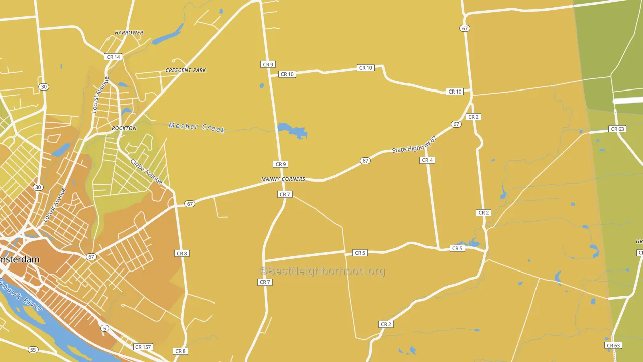 Map of the best neighborhoods in the Manny Corners area, with better matches in green and worse matches in red