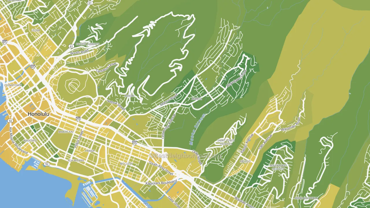 Map of the best neighborhoods in the Manoa, Honolulu area, with better matches in green and worse matches in red