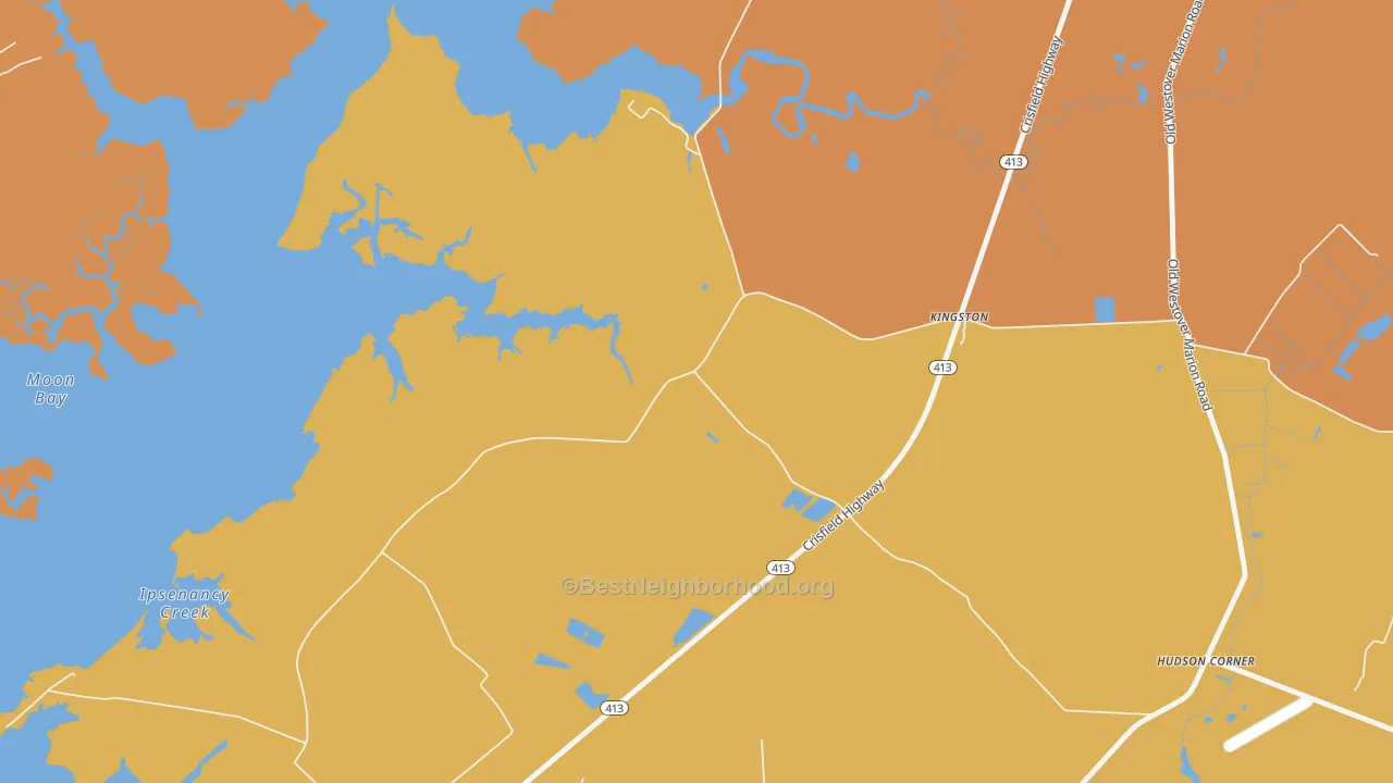 Map of the best neighborhoods in the Manokin area, with better matches in green and worse matches in red