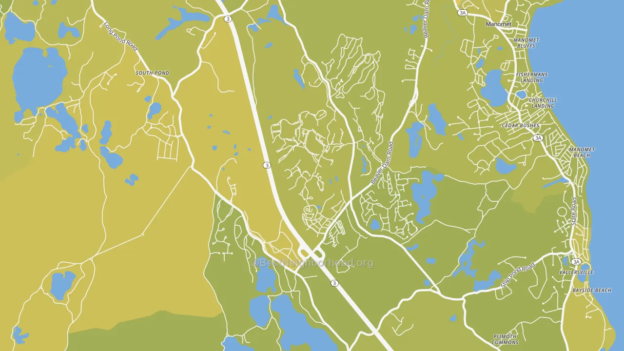 Map of the best neighborhoods in the Manomet area, with better matches in green and worse matches in red
