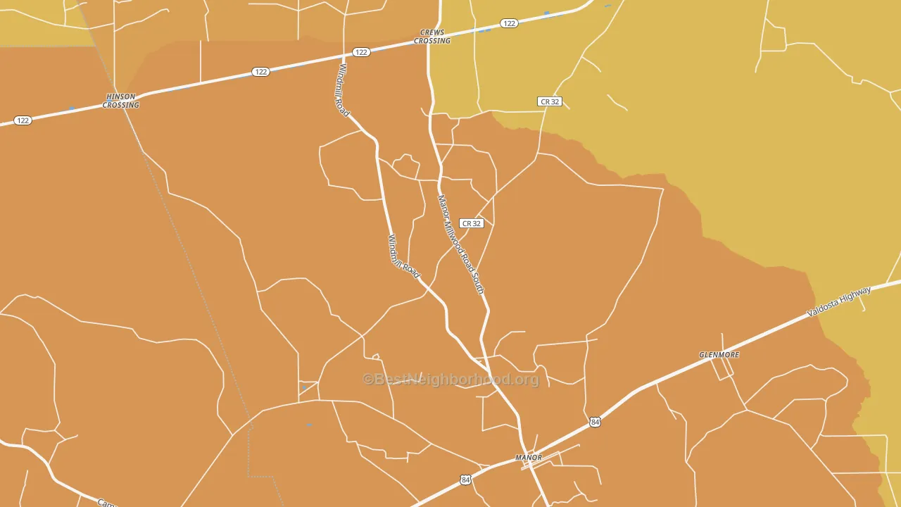 Map of the best neighborhoods in the Manor area, with better matches in green and worse matches in red