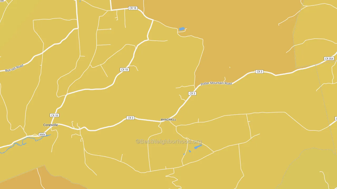 Map of the best neighborhoods in the Manor Kill area, with better matches in green and worse matches in red