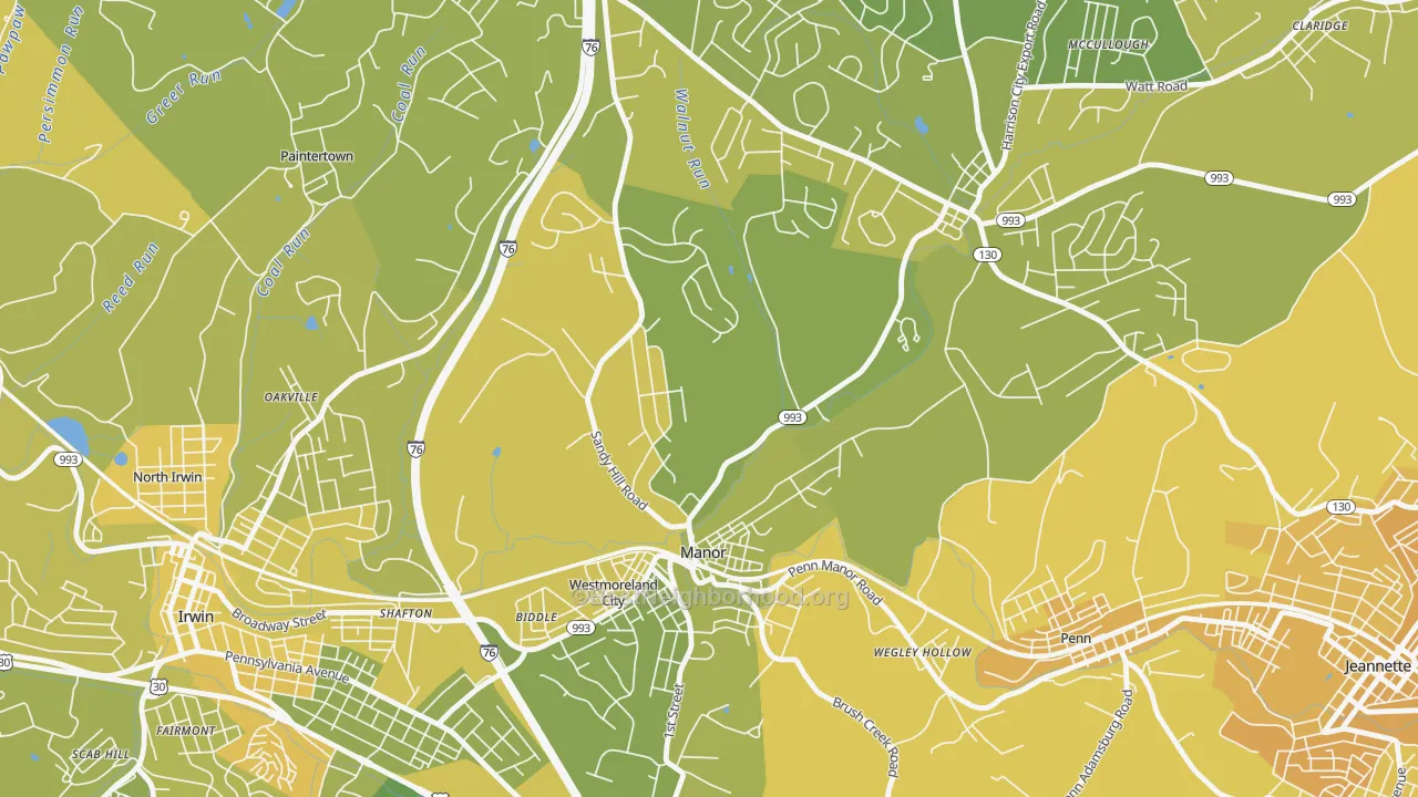 Map of the best neighborhoods in the Manor area, with better matches in green and worse matches in red