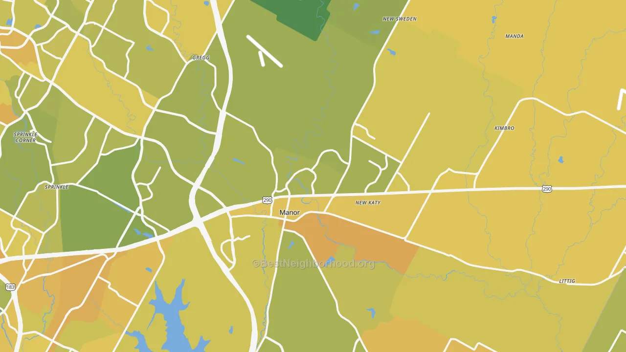 Map of the best neighborhoods in the Manor area, with better matches in green and worse matches in red