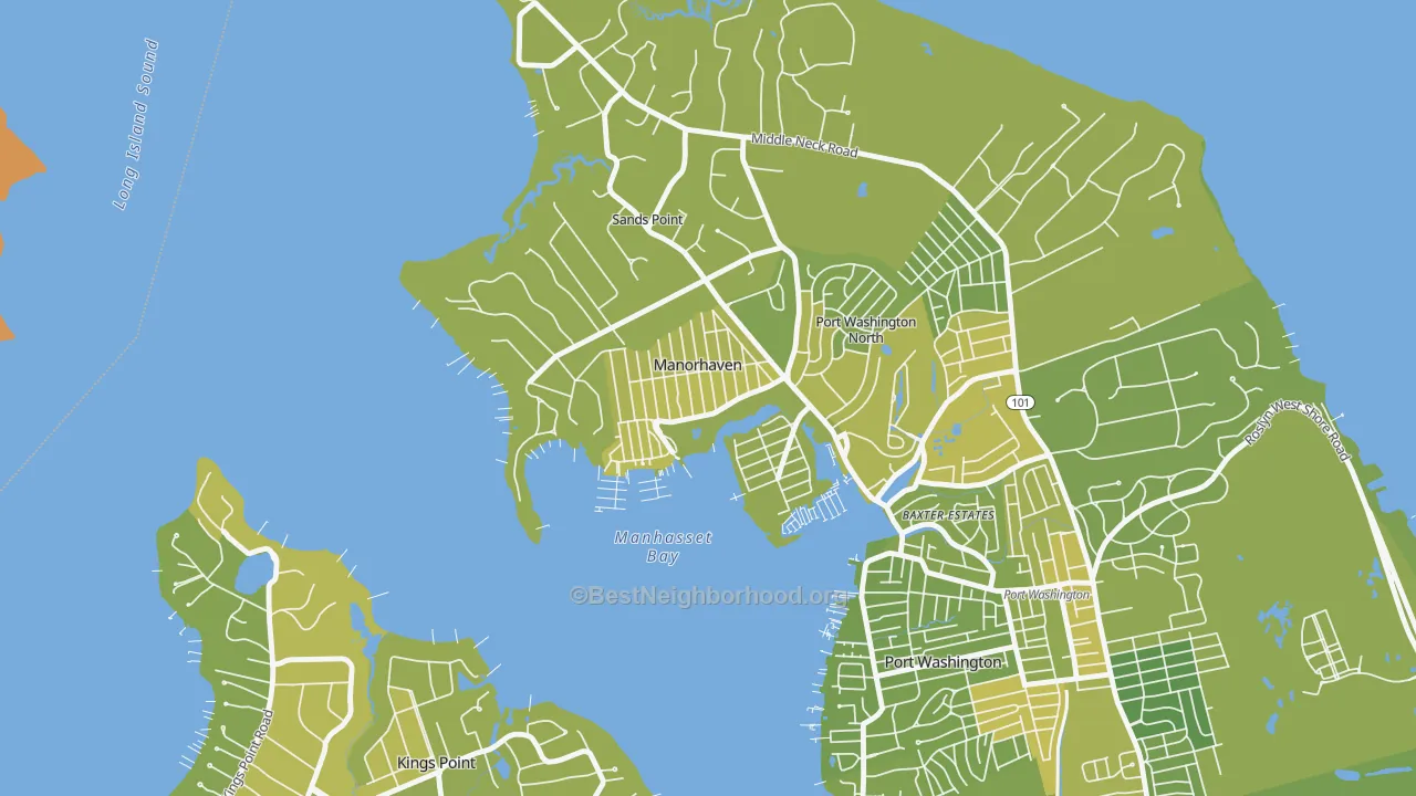 Map of the best neighborhoods in the Manorhaven area, with better matches in green and worse matches in red
