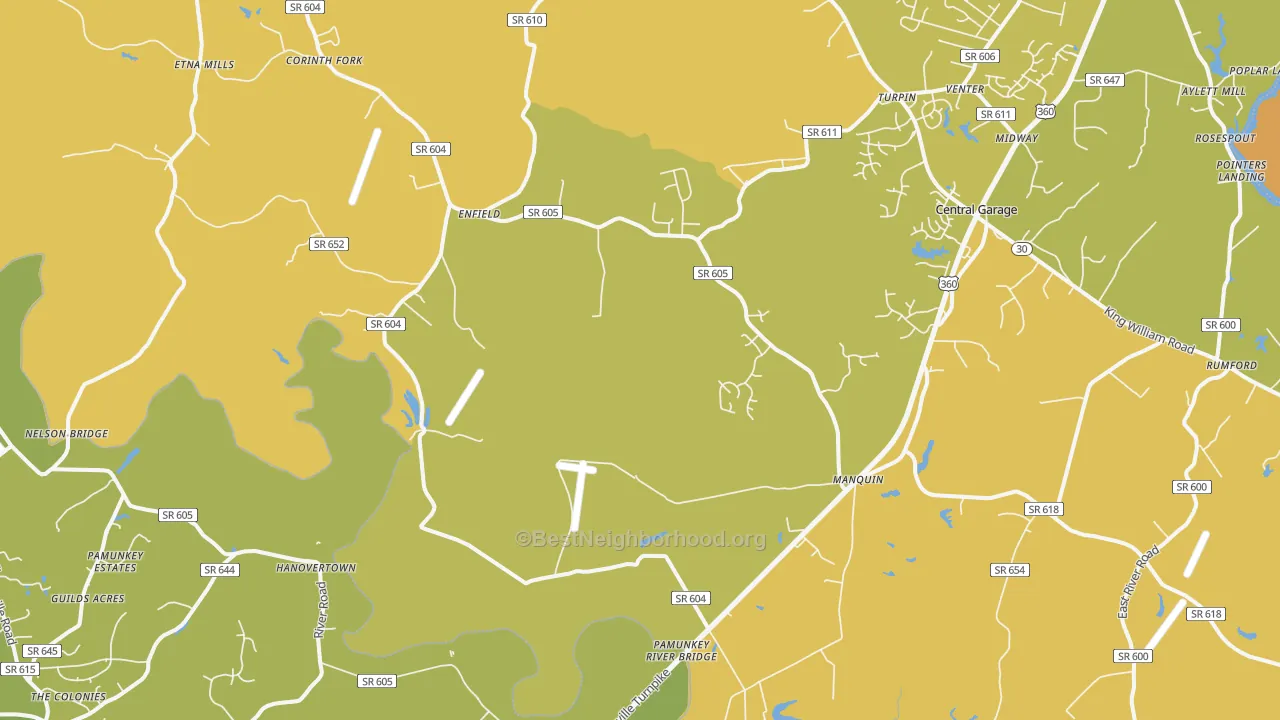 Map of the best neighborhoods in the Manquin area, with better matches in green and worse matches in red