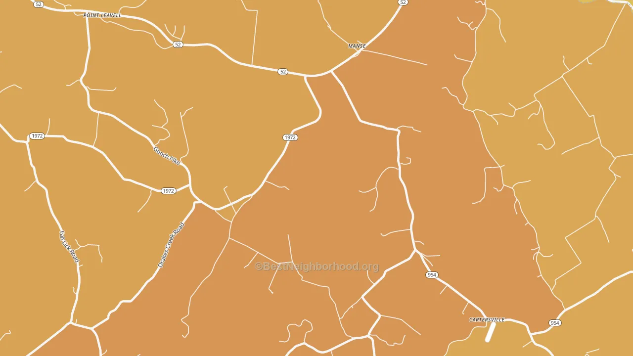 Map of the best neighborhoods in the Manse area, with better matches in green and worse matches in red