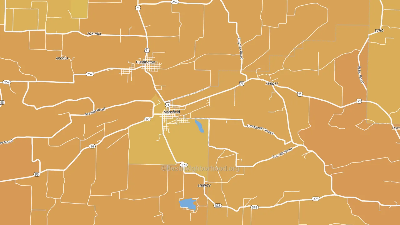 Map of the best neighborhoods in the Mansfield area, with better matches in green and worse matches in red