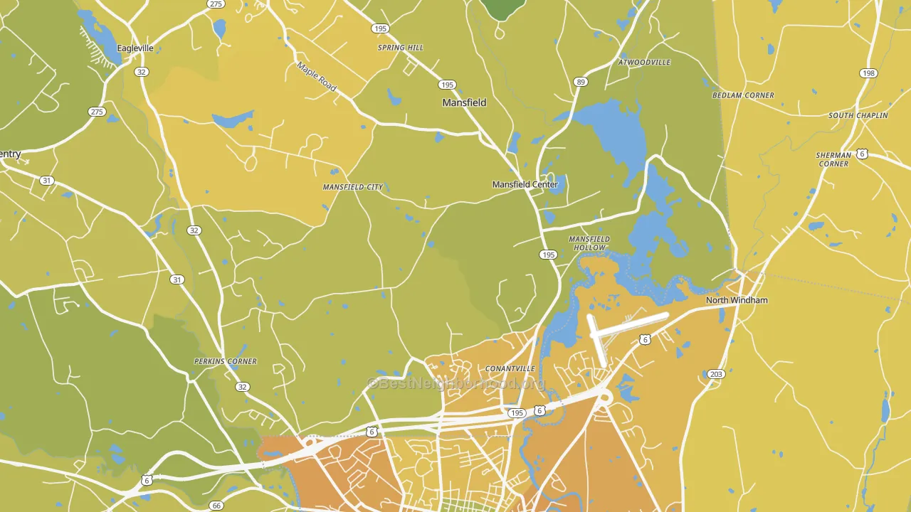 Map of the best neighborhoods in the Mansfield Center area, with better matches in green and worse matches in red