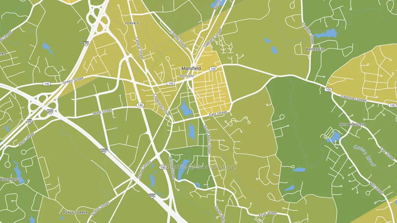 Map of the best neighborhoods in the Mansfield Center area, with better matches in green and worse matches in red