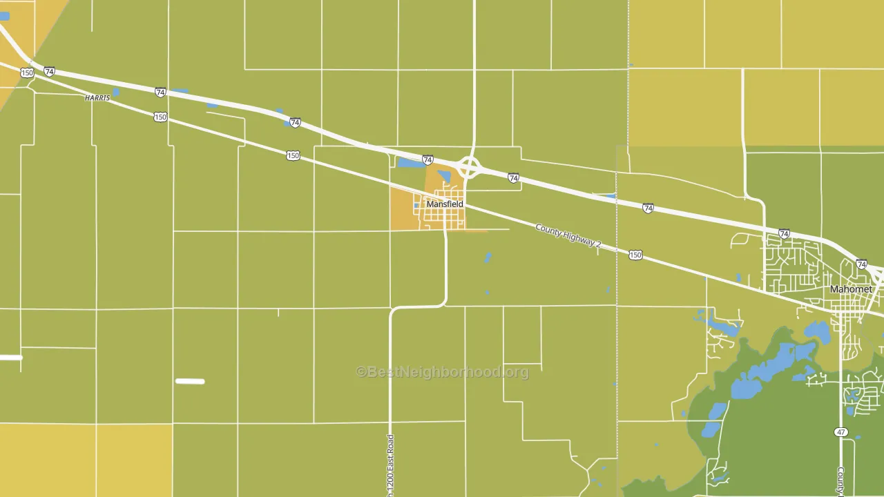 Map of the best neighborhoods in the Mansfield area, with better matches in green and worse matches in red