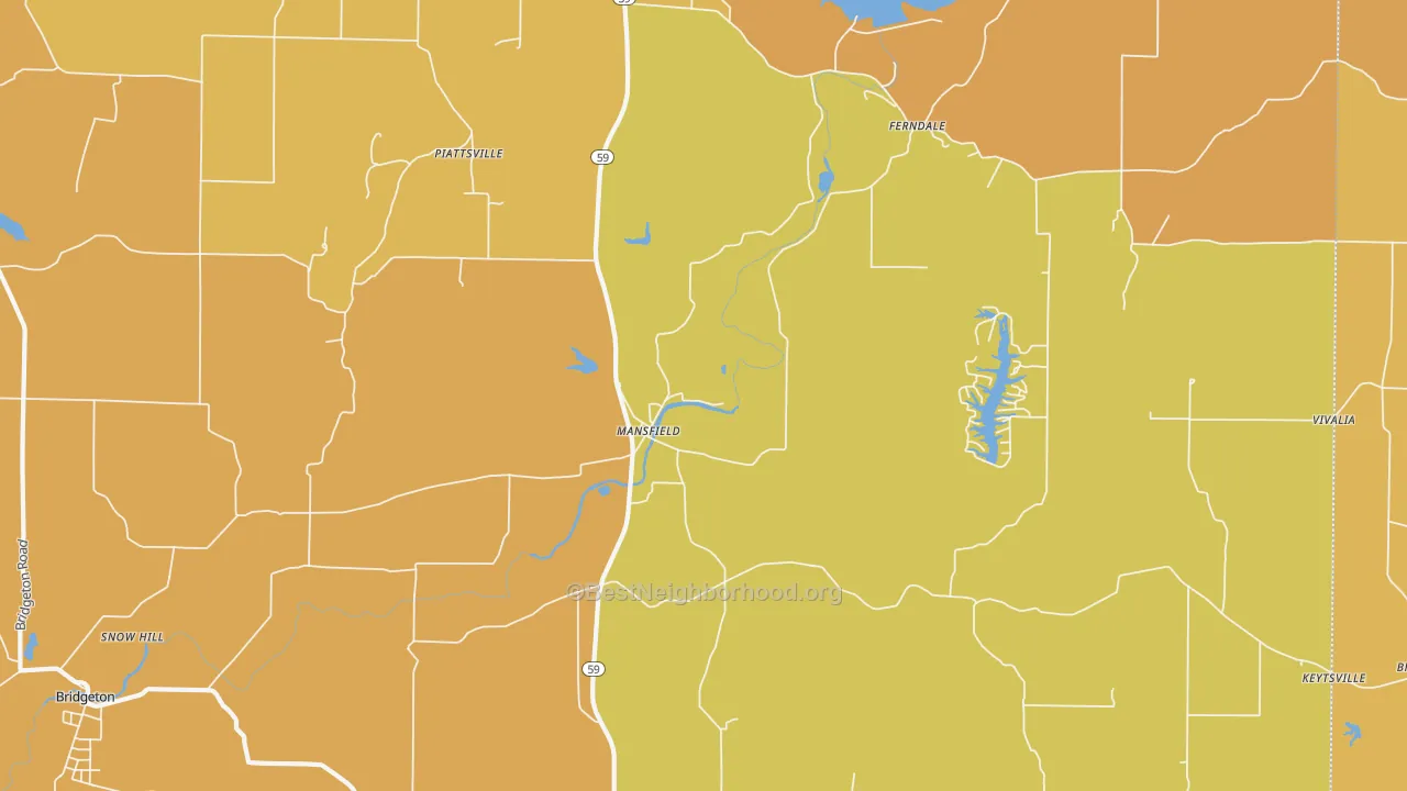 Map of the best neighborhoods in the Mansfield area, with better matches in green and worse matches in red