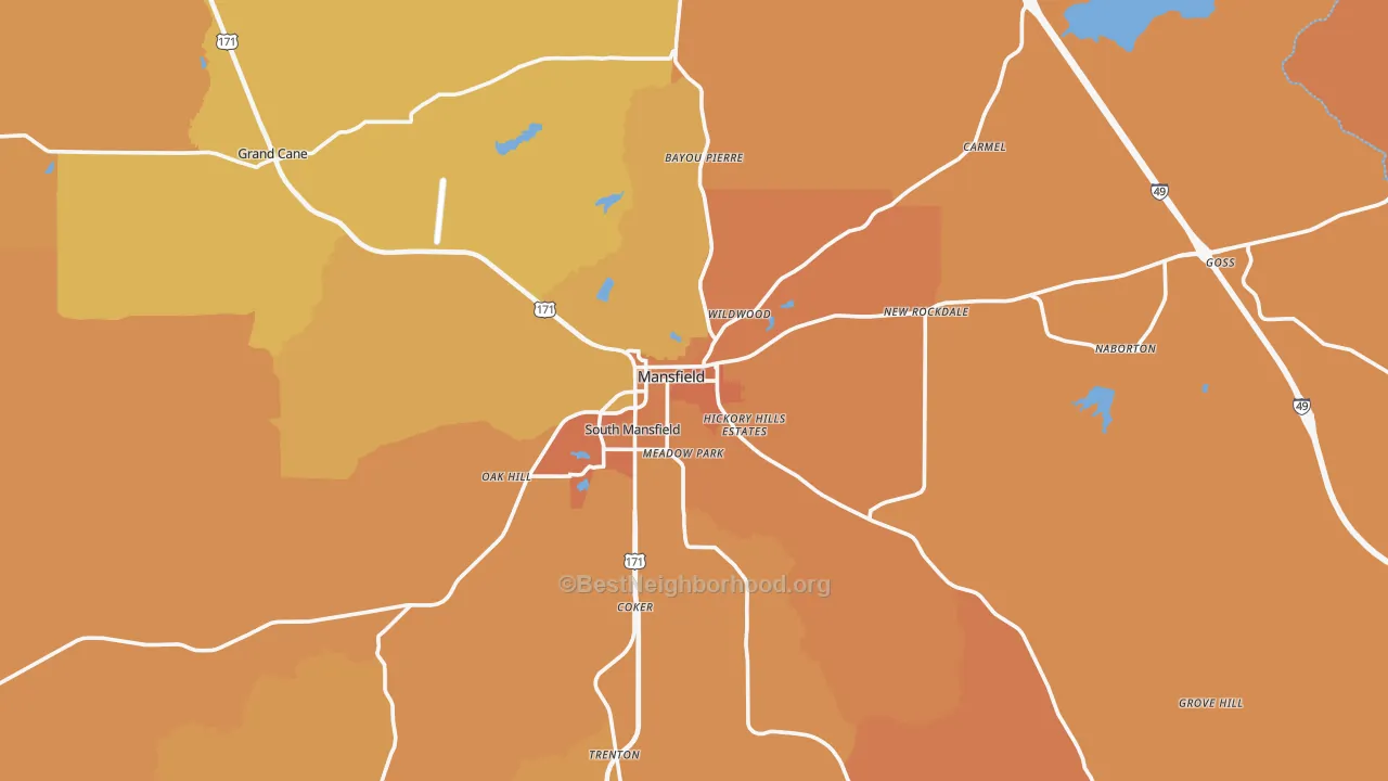 Map of the best neighborhoods in the Mansfield area, with better matches in green and worse matches in red