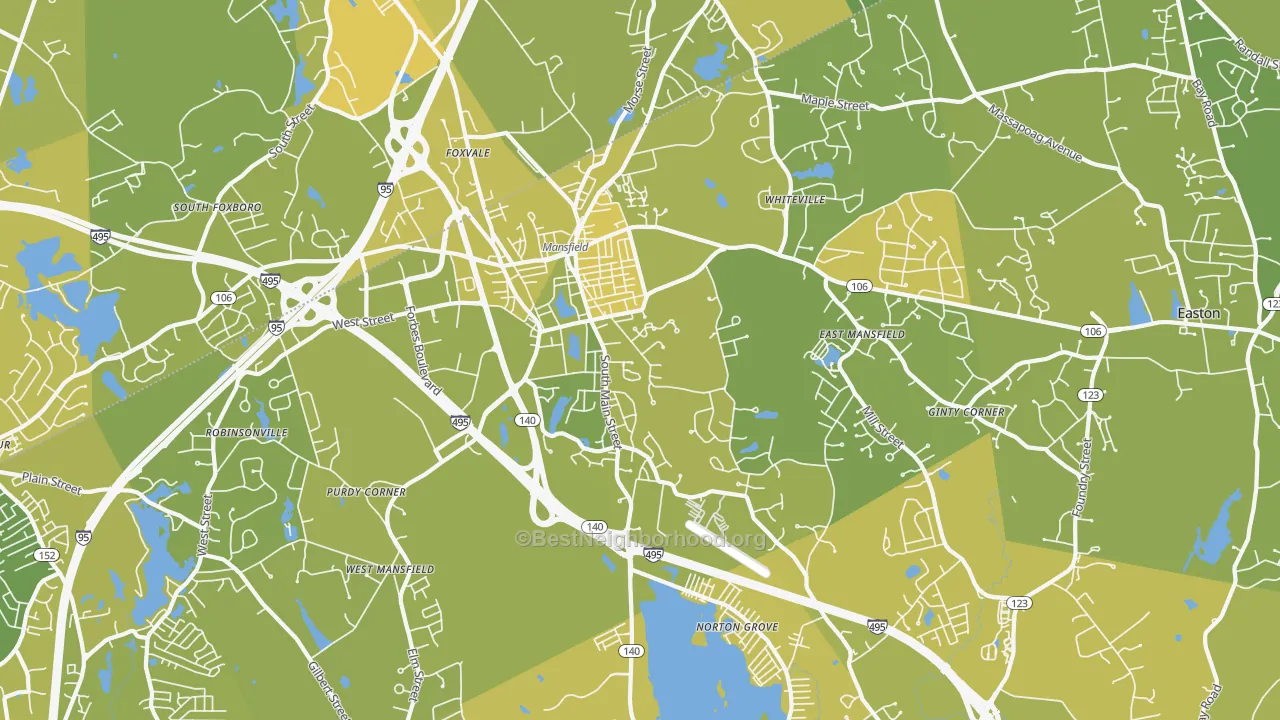 Map of the best neighborhoods in the Mansfield area, with better matches in green and worse matches in red