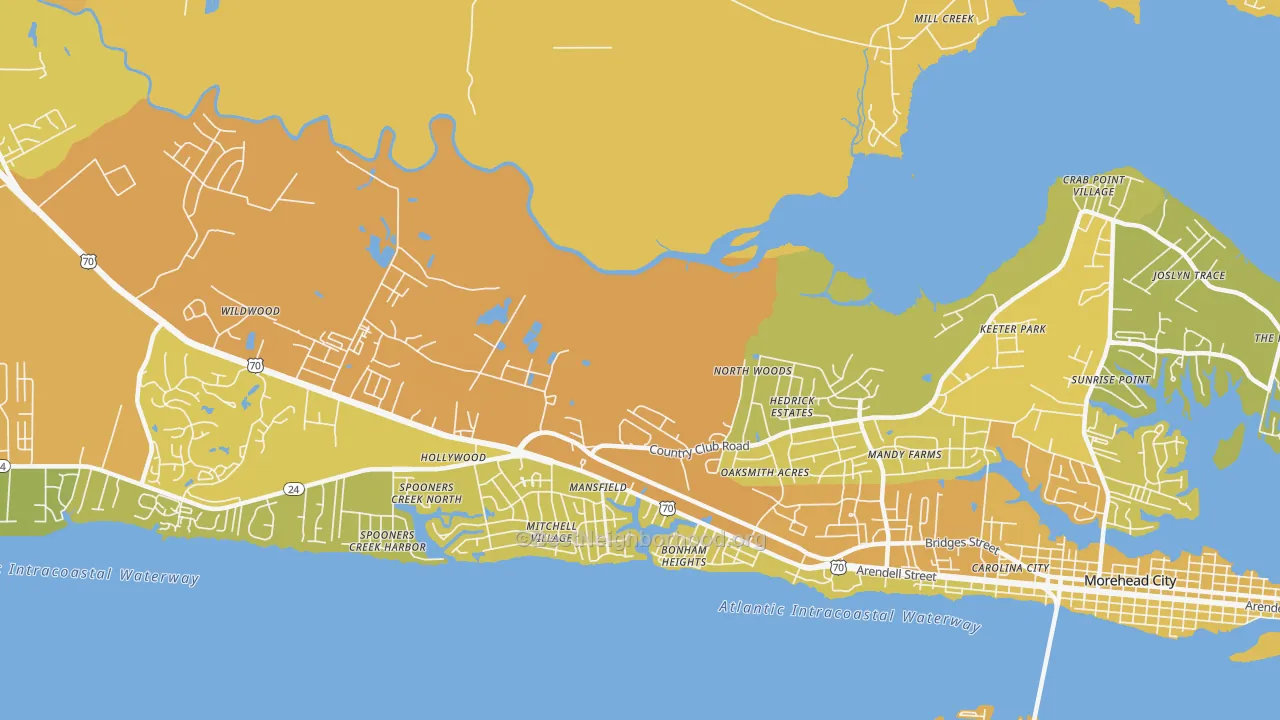 Map of the best neighborhoods in the Mansfield area, with better matches in green and worse matches in red