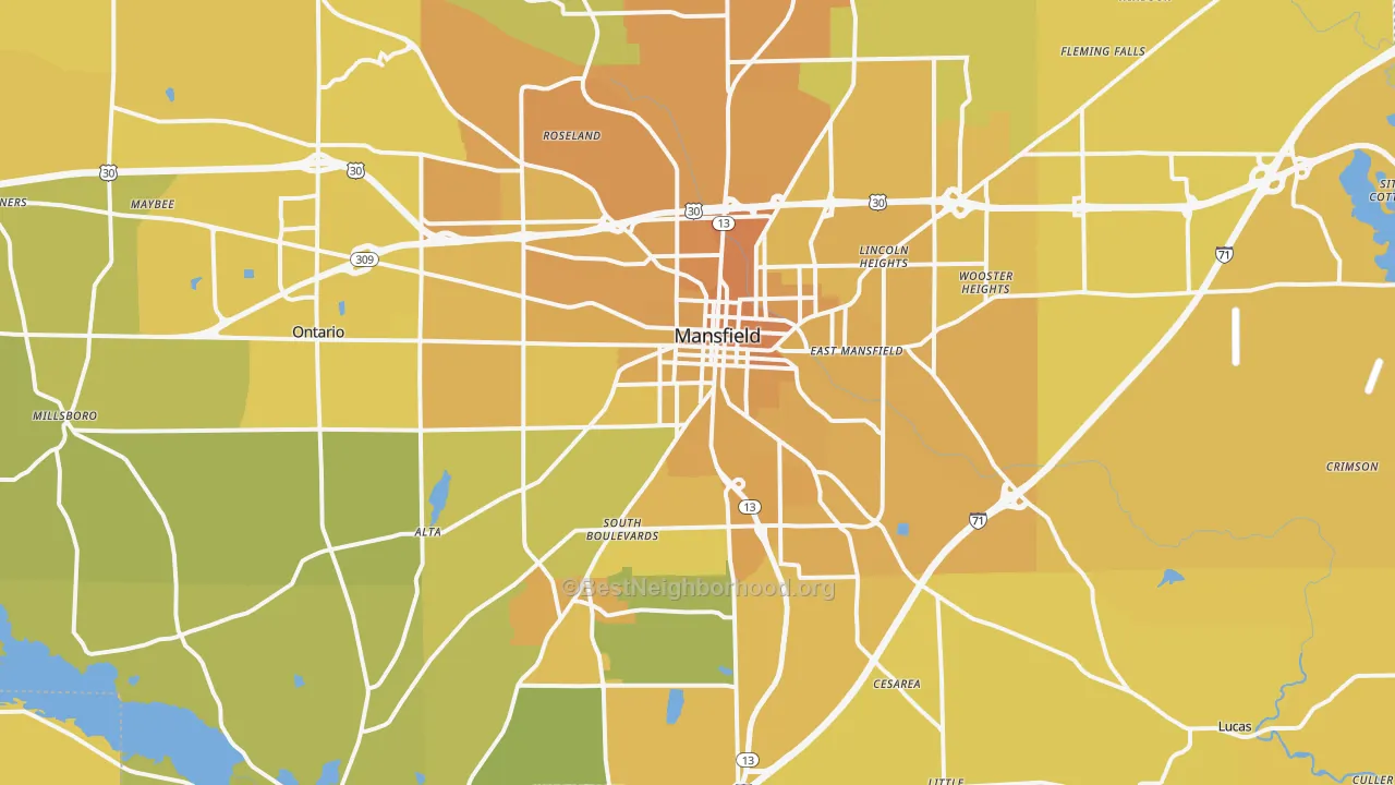 Map of the best neighborhoods in the Mansfield Metro area, with better matches in green and worse matches in red