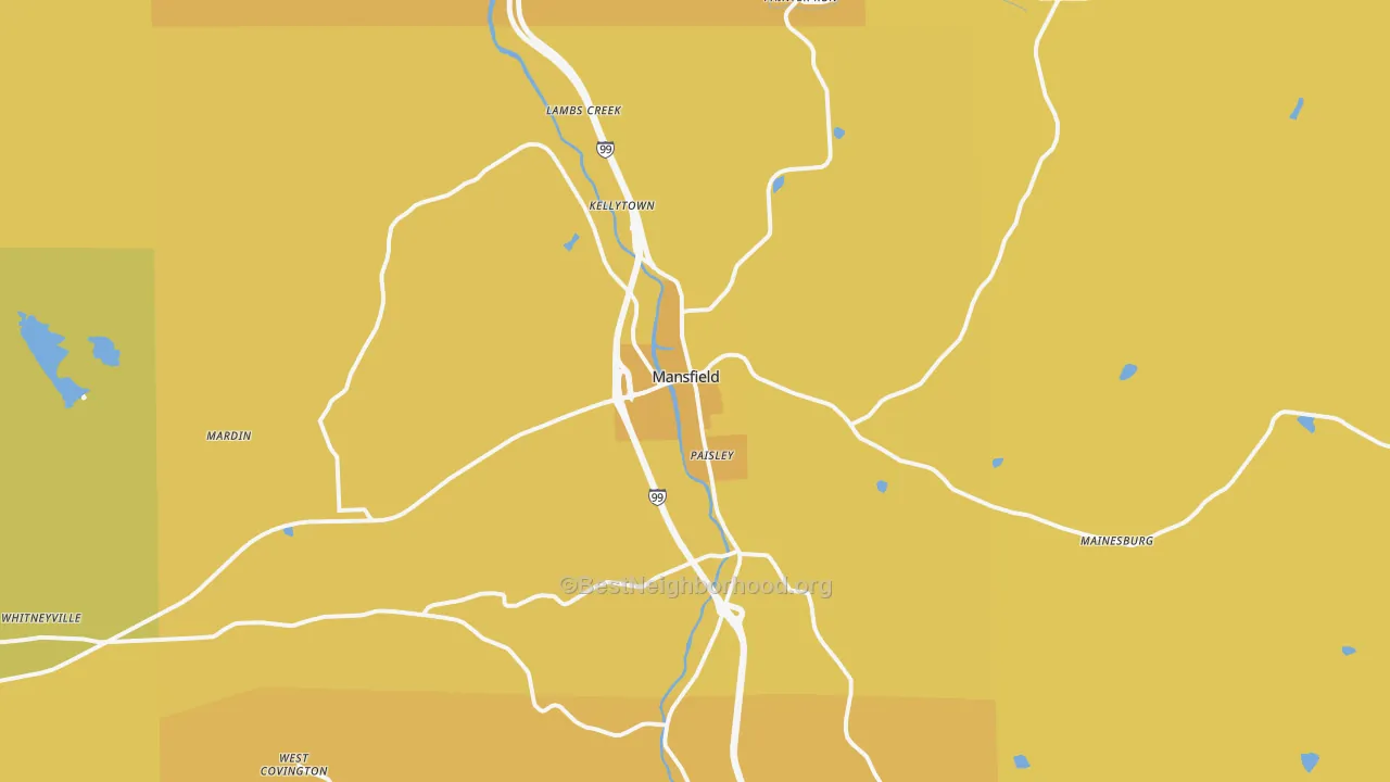 Map of the best neighborhoods in the Mansfield area, with better matches in green and worse matches in red