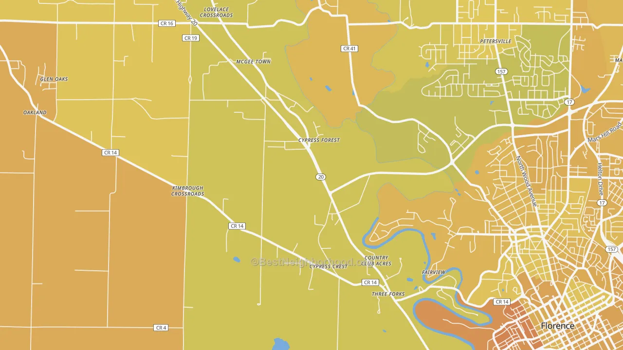 Map of the best neighborhoods in the Mansion View area, with better matches in green and worse matches in red