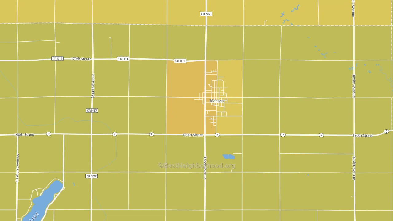 Map of the best neighborhoods in the Manson area, with better matches in green and worse matches in red