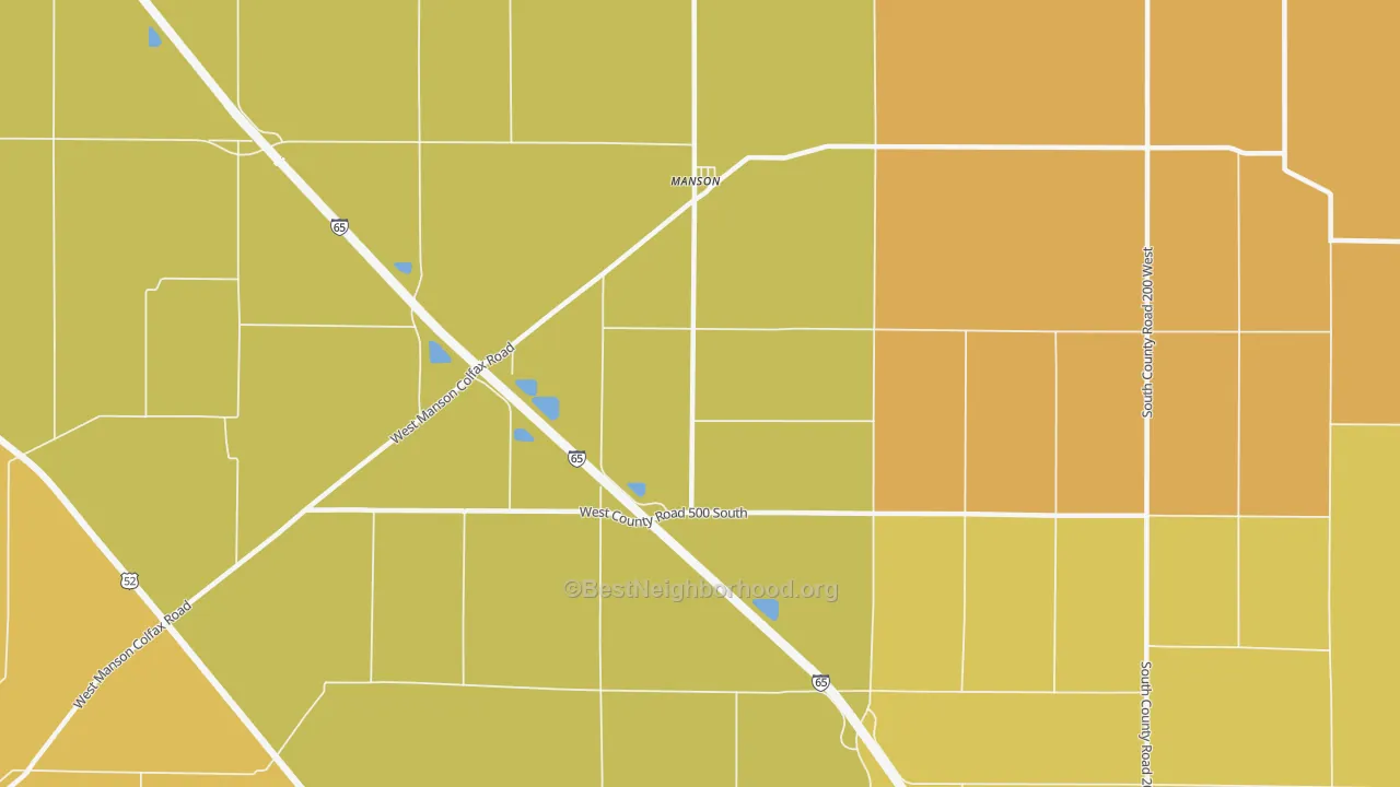 Map of the best neighborhoods in the Manson area, with better matches in green and worse matches in red