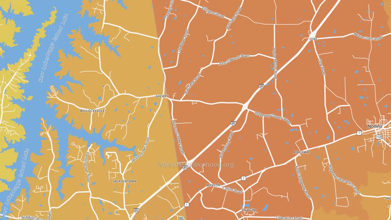 Map of the best neighborhoods in the Manson area, with better matches in green and worse matches in red