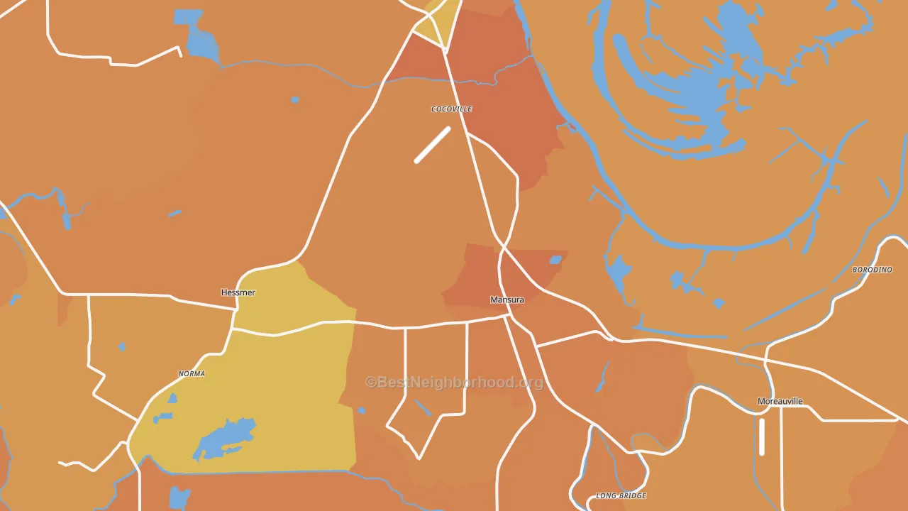 Map of the best neighborhoods in the Mansura area, with better matches in green and worse matches in red