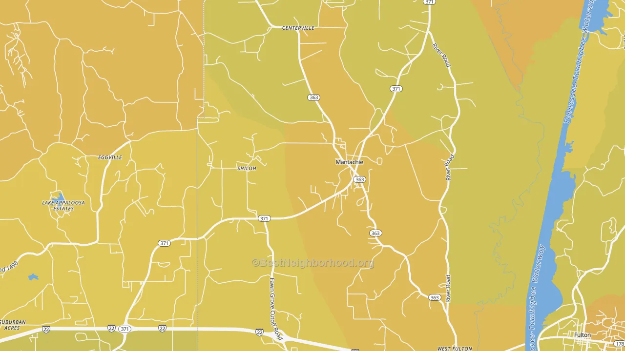 Map of the best neighborhoods in the Mantachie area, with better matches in green and worse matches in red