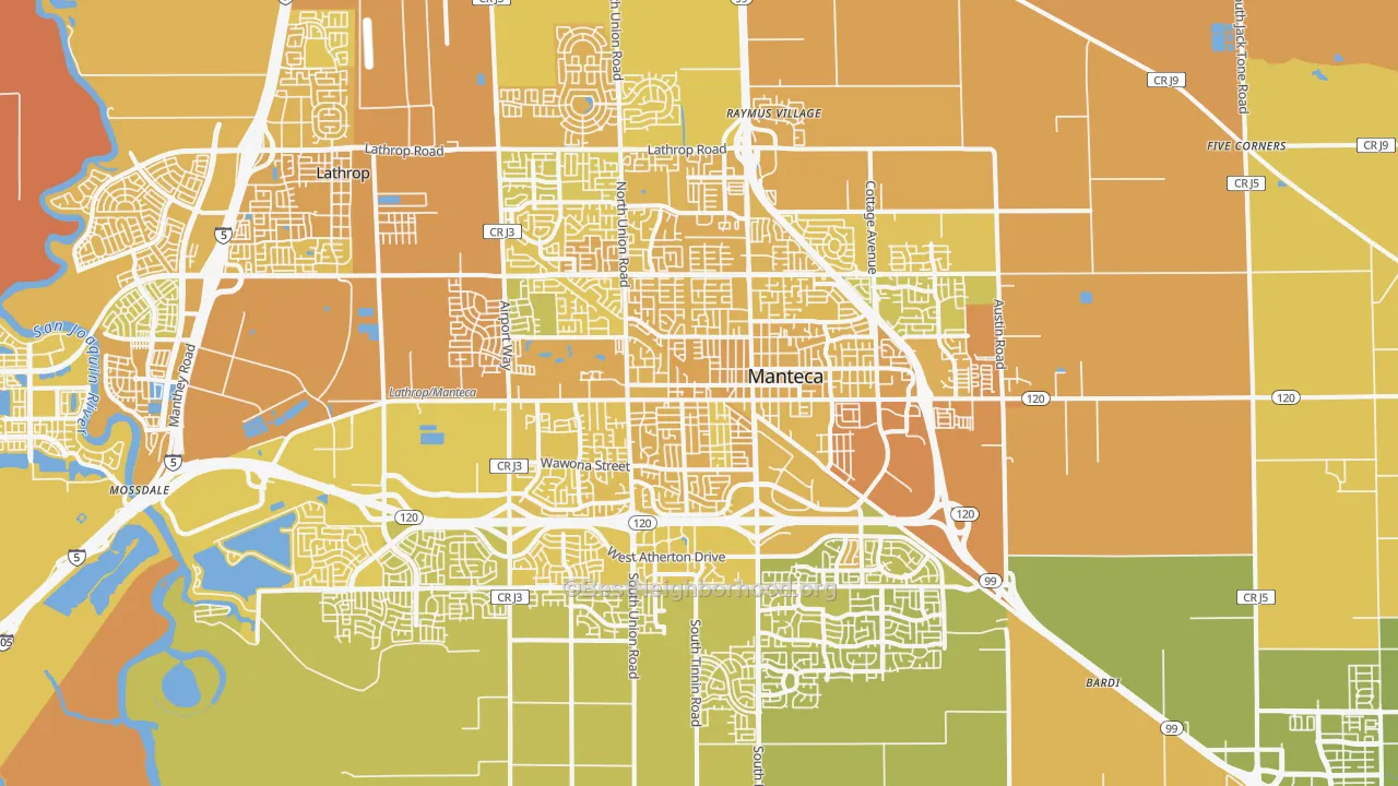 Map of the best neighborhoods in the Manteca area, with better matches in green and worse matches in red