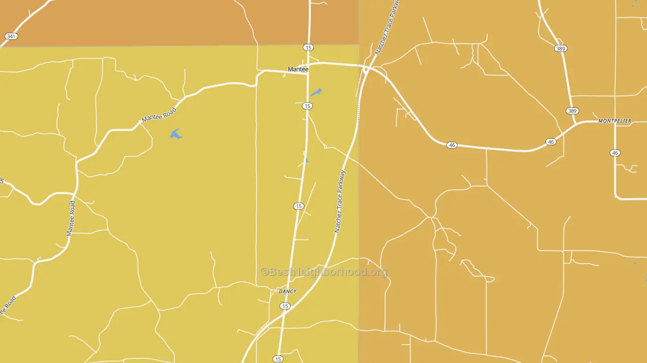 Map of the best neighborhoods in the Mantee area, with better matches in green and worse matches in red