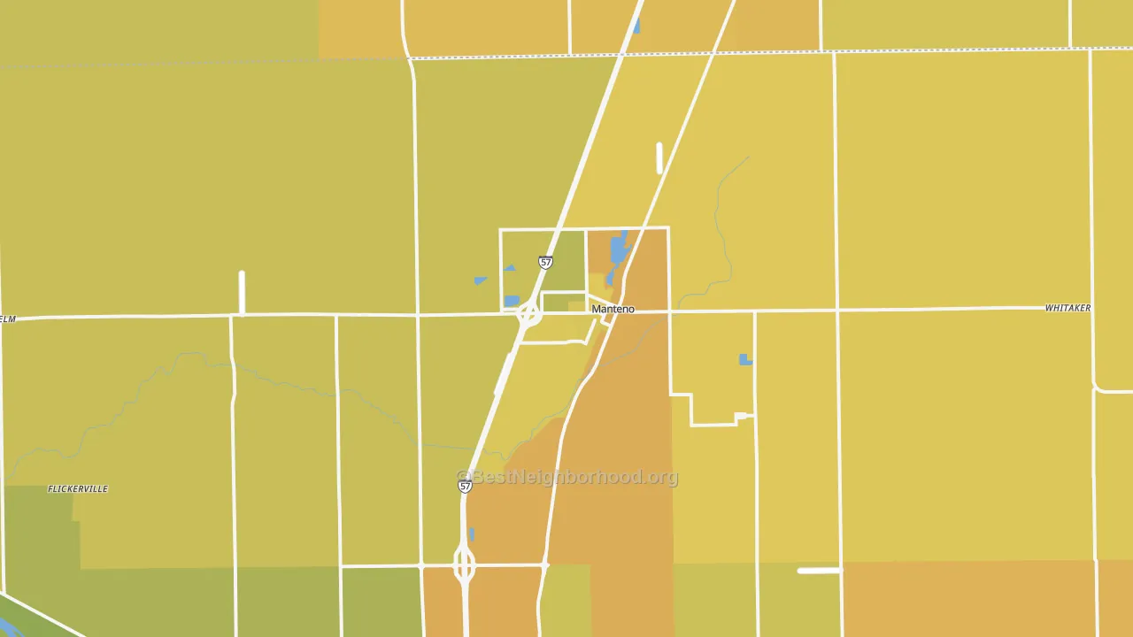 Map of the best neighborhoods in the Manteno area, with better matches in green and worse matches in red