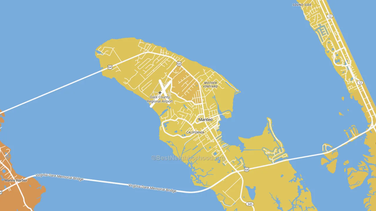 Map of the best neighborhoods in the Manteo area, with better matches in green and worse matches in red