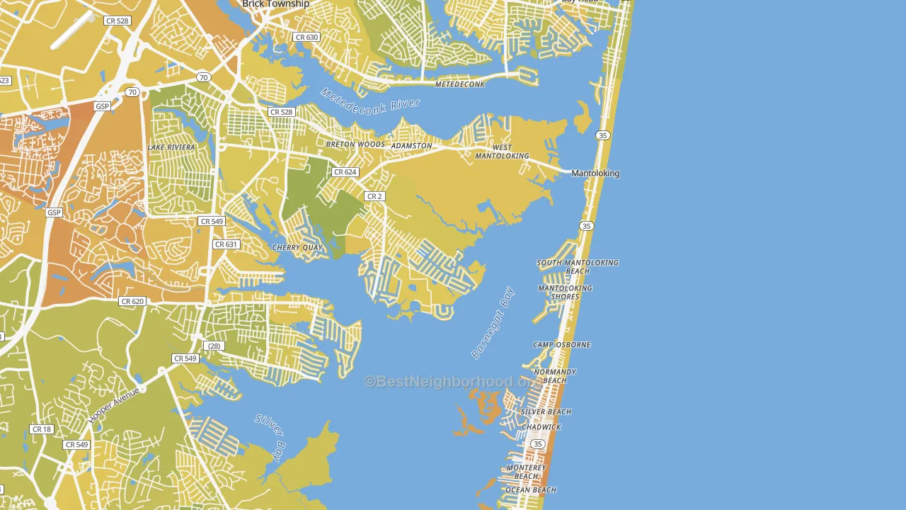 Map of the best neighborhoods in the Mantoloking area, with better matches in green and worse matches in red