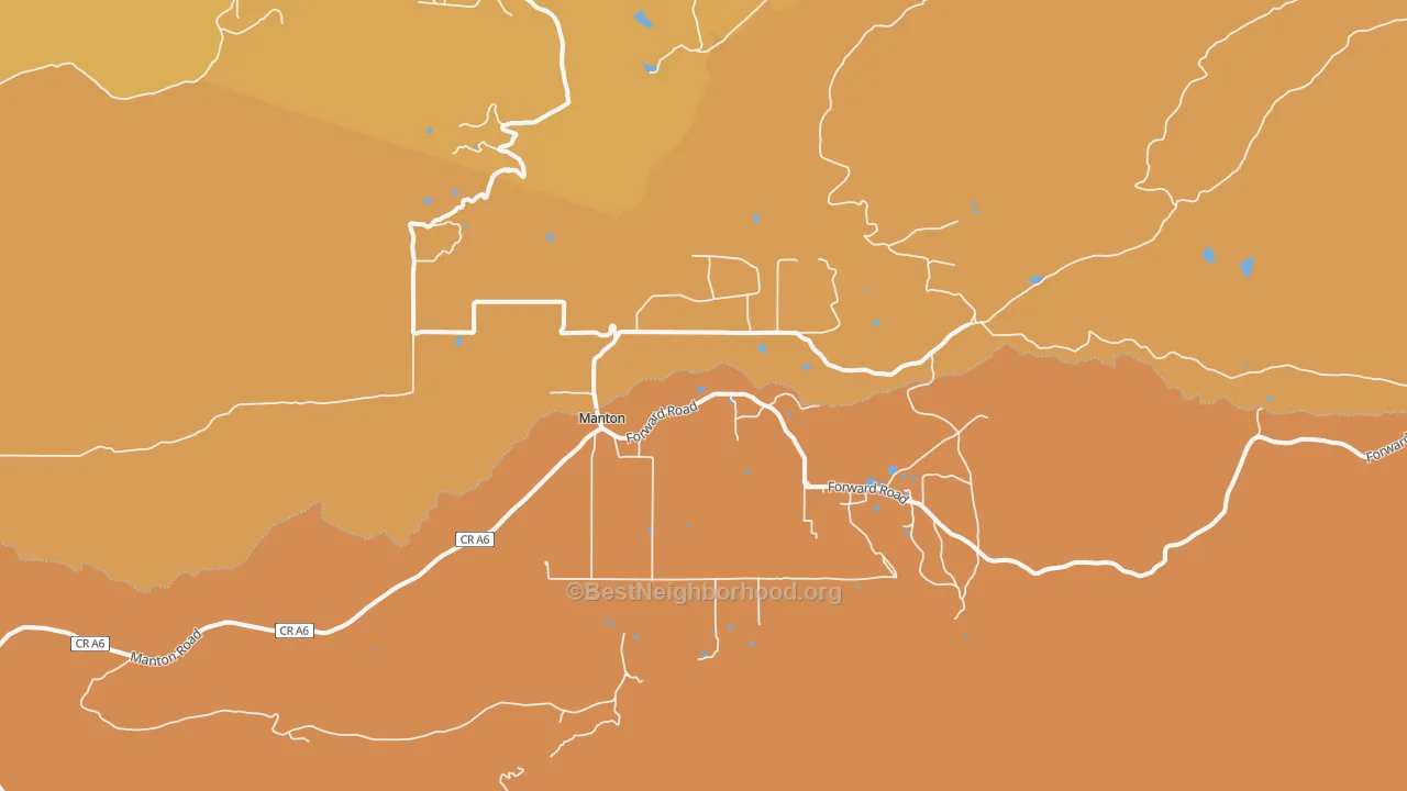 Map of the best neighborhoods in the Manton area, with better matches in green and worse matches in red