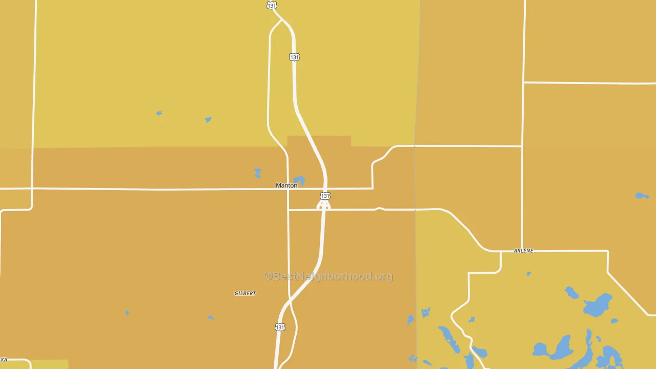 Map of the best neighborhoods in the Manton area, with better matches in green and worse matches in red