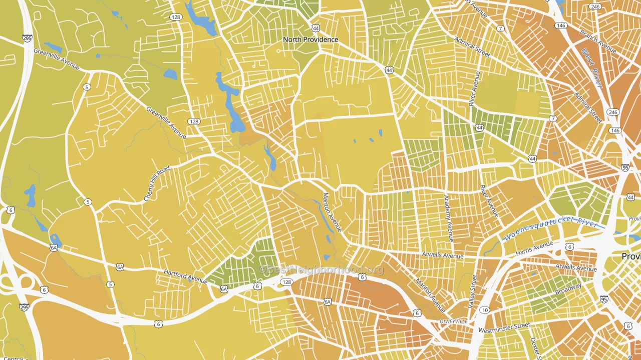 Map of the best neighborhoods in the Manton, Providence area, with better matches in green and worse matches in red