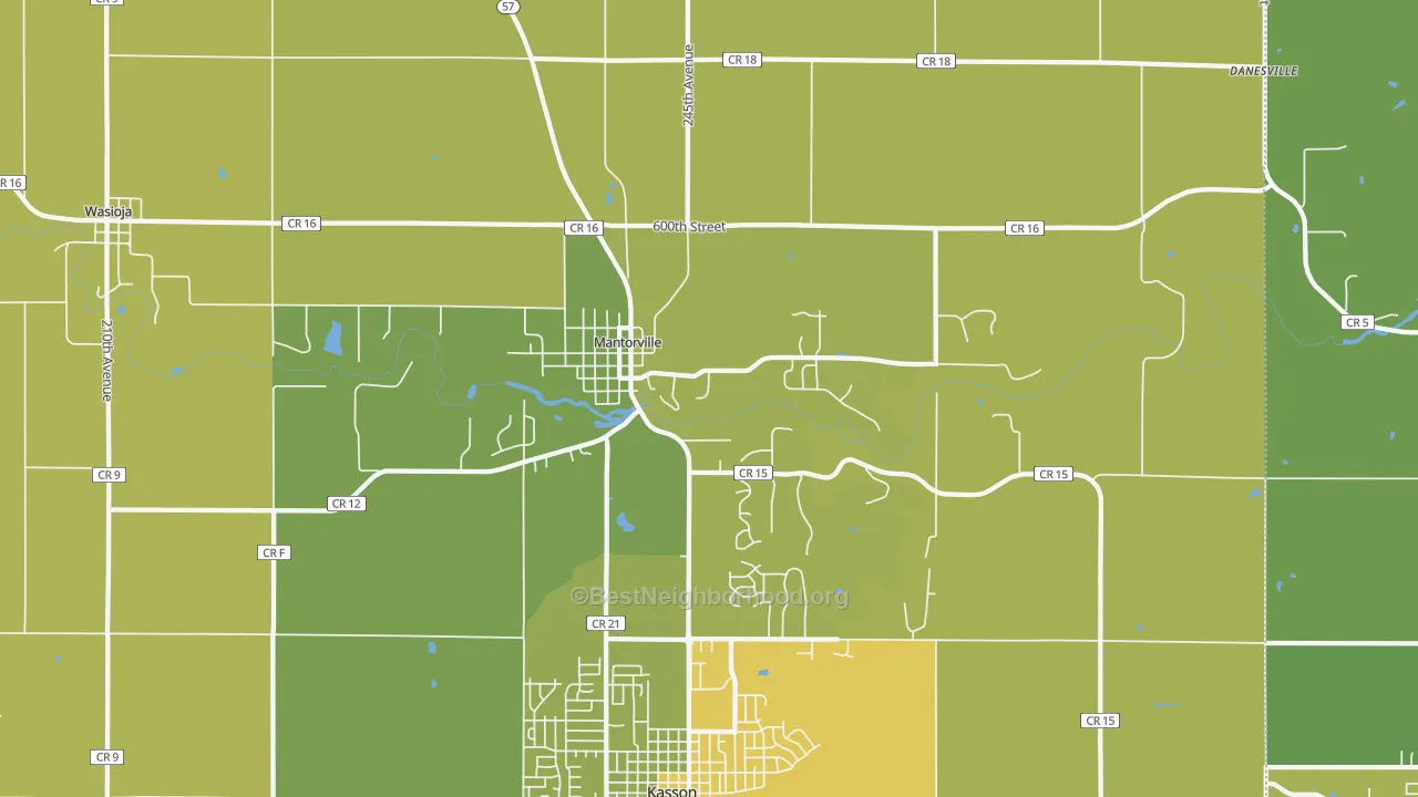 Map of the best neighborhoods in the Mantorville area, with better matches in green and worse matches in red