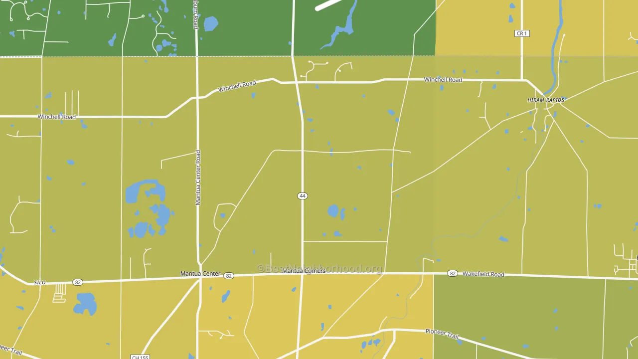 Map of the best neighborhoods in the Mantua Corners area, with better matches in green and worse matches in red